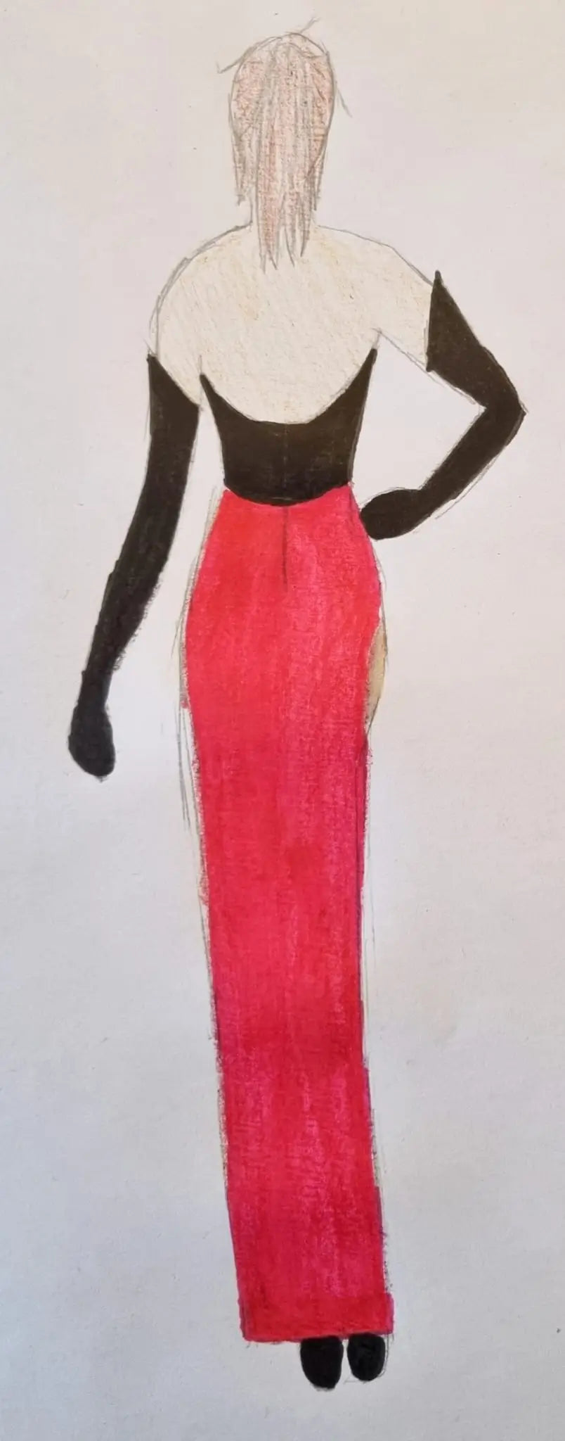 Robe cosplay Angel Dust drag version – bustier cœur noir pailleté et jupe longue fuchsia fendue – création sur-mesure artisanale.