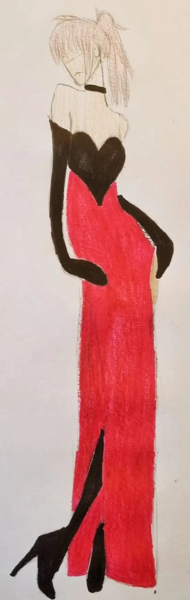 Cosplay Angel Dust drag version – robe sur-mesure bustier noir pailleté, jupe fuchsia fendue – création artisanale française.