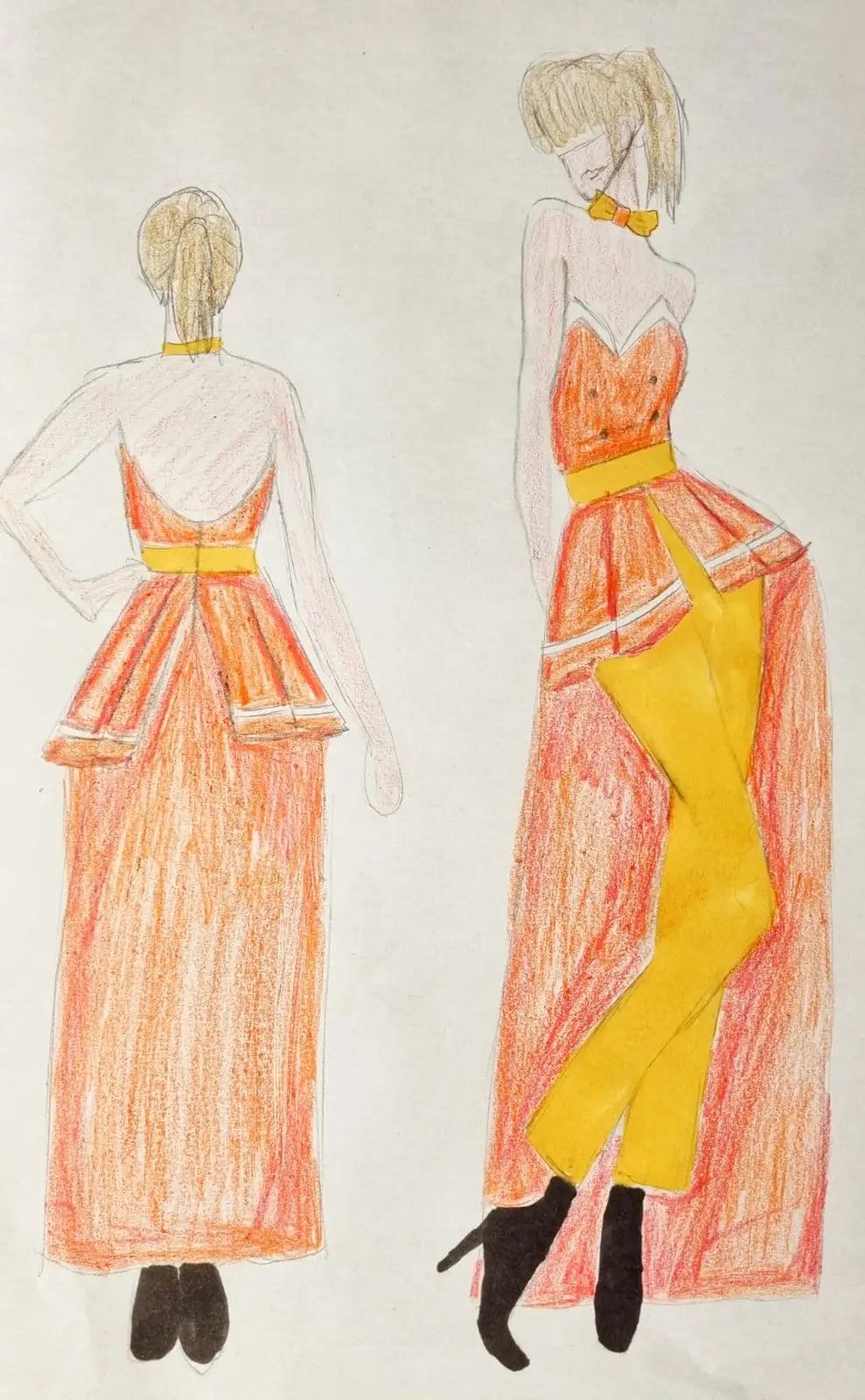 Costume sur-mesure Charlie Morningstar saison 2 – bustier rouge, pantalon jaune et traîne assortie